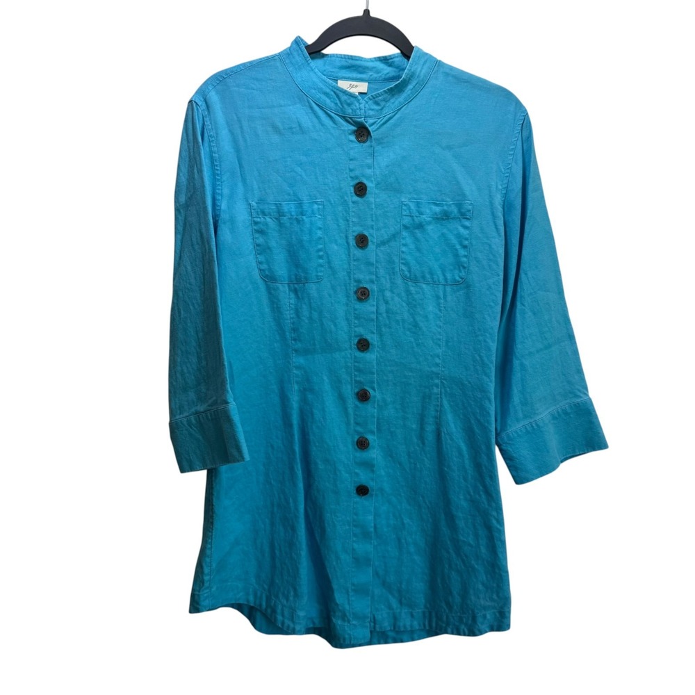 J Jill 100% Linen Nautical Preppy Resort Button Up Tunic Top M Blue 3/4 Sleeves
